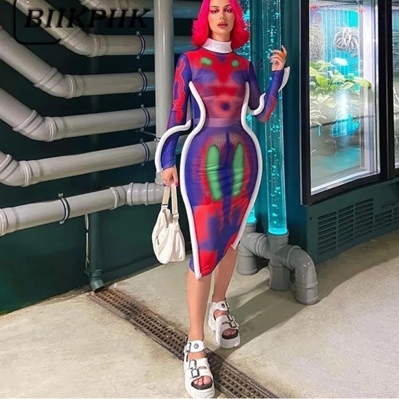 Sexy Bodycon Print Dress For Women Long Sleeve Turtleneck Dress. Multi C… - Picture 1 of 7